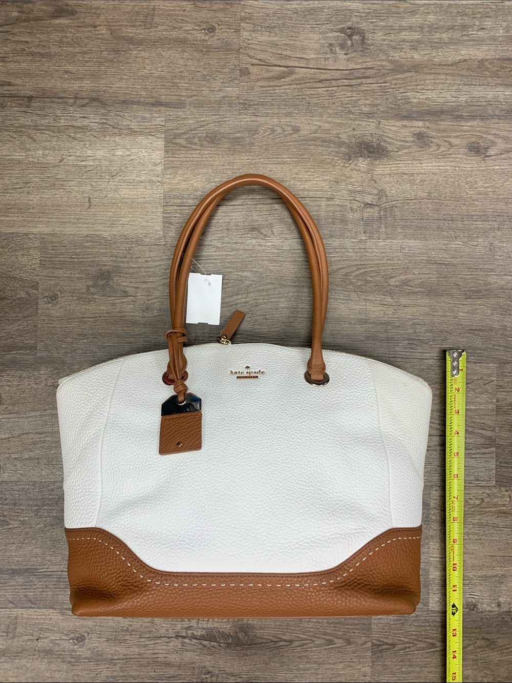kate spade White and Brown Pebbled Leather Tote